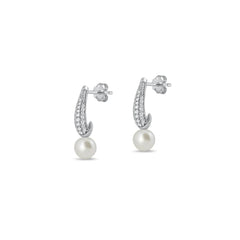 Sterling Silver Rhodium Plated Pearl And Clear CZ Earrings