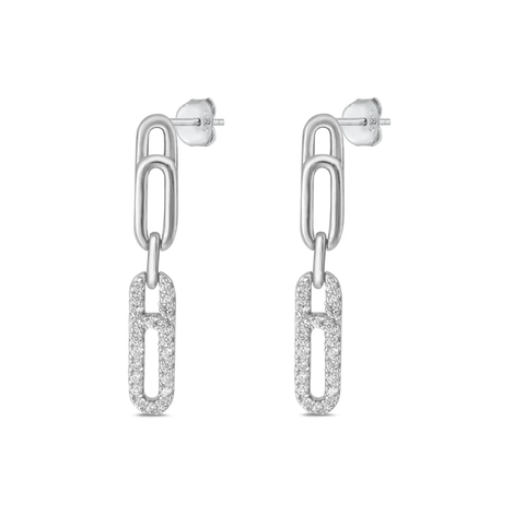 Sterling Silver Rhodium Plated Paper Clip Clear CZ Earrings