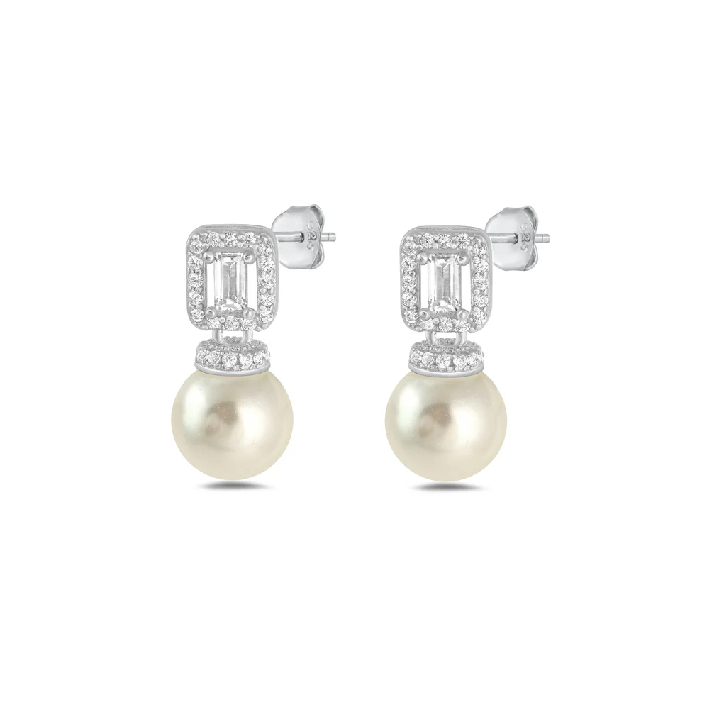Sterling Silver Rhodium Plated Clear CZ And Pearl Earrings