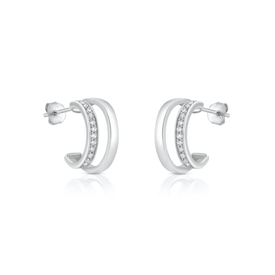 Sterling Silver Rhodium Plated Clear CZ Open Hoop Earrings