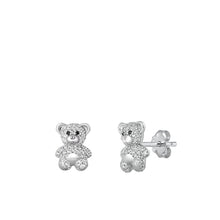 Load image into Gallery viewer, Sterling Silver Rhodium Plated Teddy Bear Clear CZ Earrings
