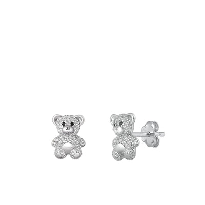 Sterling Silver Rhodium Plated Teddy Bear Clear CZ Earrings