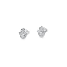 Load image into Gallery viewer, Sterling Silver Rhodium Plated Clear CZ Hamsa Earrings