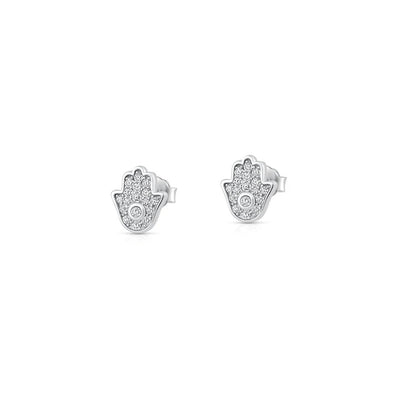 Sterling Silver Rhodium Plated Clear CZ Hamsa Earrings