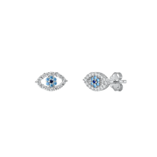 Load image into Gallery viewer, Sterling Silver Rhodium Plated Evil Eye Blue And Clear CZ Earrings