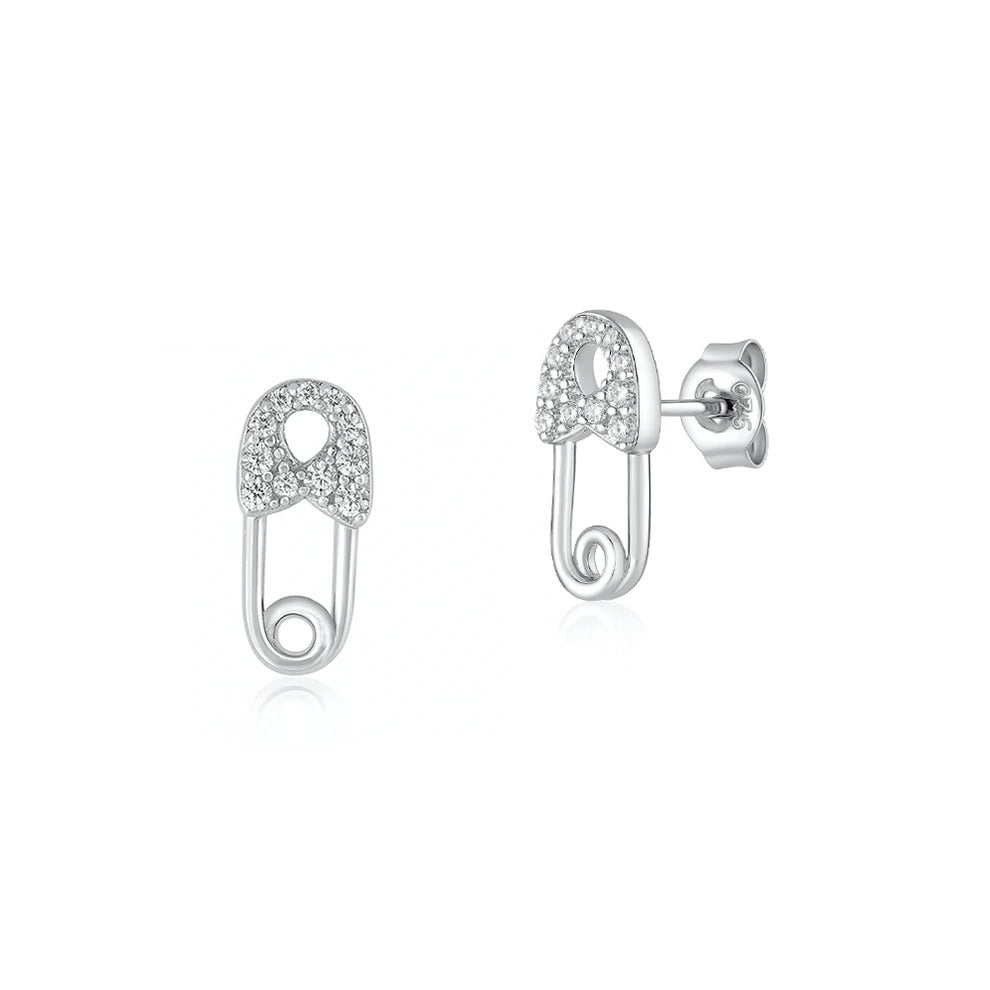 Sterling Silver Rhodium Plated Clear CZ Safety Pin Earrings