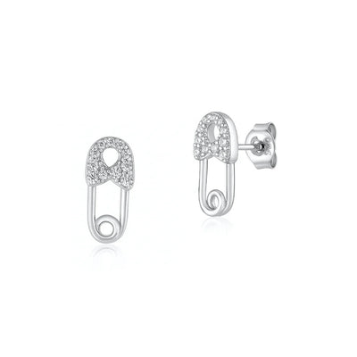 Sterling Silver Rhodium Plated Clear CZ Safety Pin Earrings