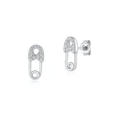 Sterling Silver Rhodium Plated Clear CZ Safety Pin Earrings