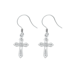 Sterling Silver Rhodium Plated Clear CZ Cross Earrings
