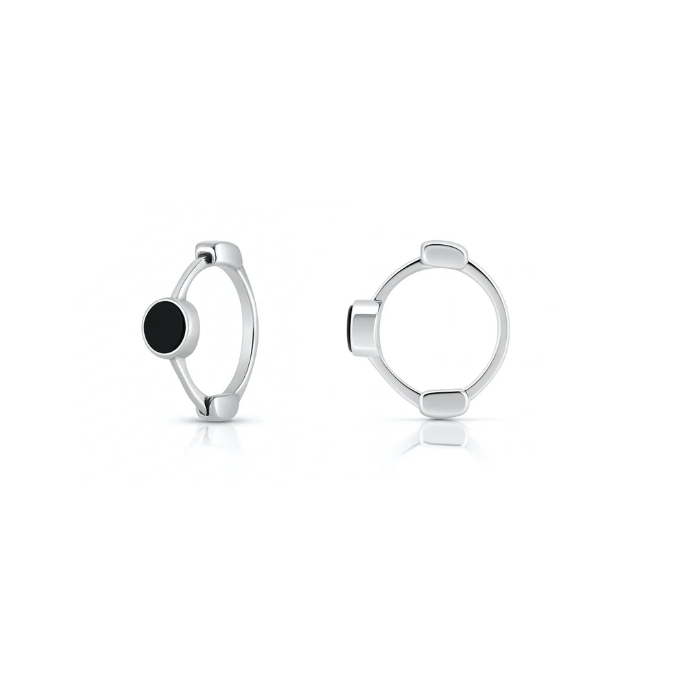 Sterling Silver Rhodium Plated Huggie Hoop Black Onyx Stone Earrings