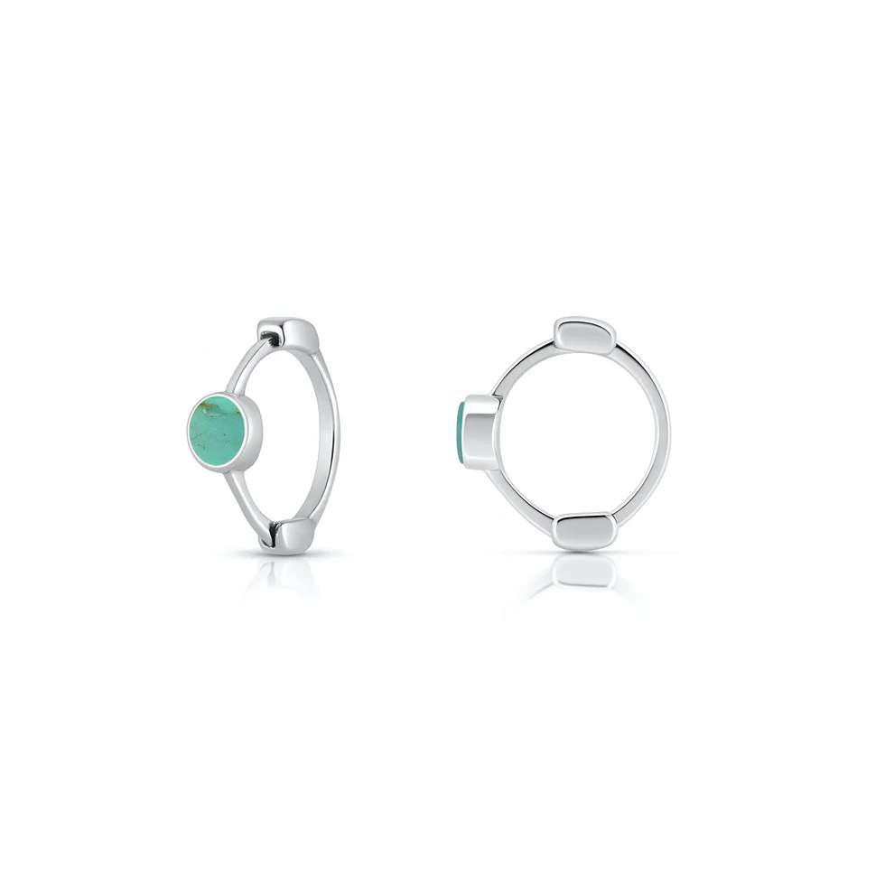 Sterling Silver Rhodium Plated Huggie Hoop Turquoise Stone Earrings