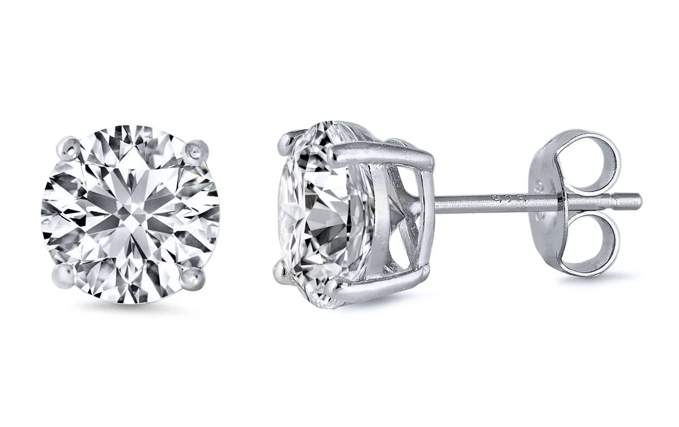 Sterling Silver Rhodium Plated Round Cut Stud Earring Set on Basket Prong Setting with Friction Back Post 5mm