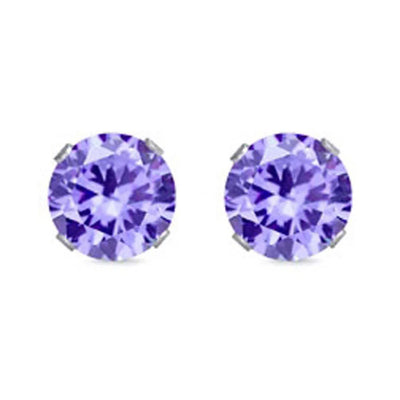 Sterling Silver Rhodium Plated Amethyst 6mm Round Cut Stud Earring Set on Basket Prong Setting with Friction Back