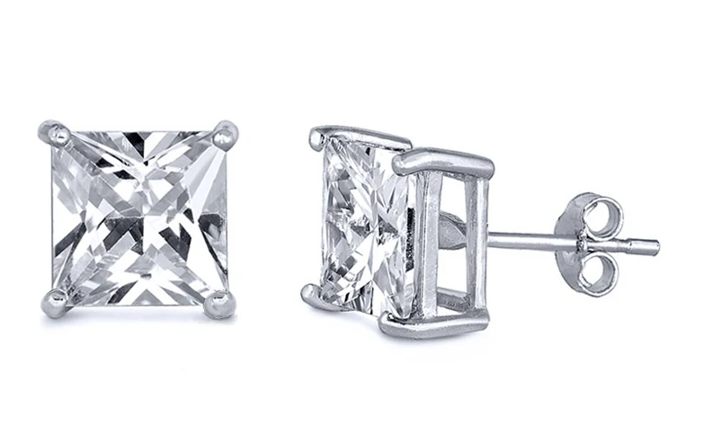 Sterling Silver Rhodium Plated 6mm Princess Cut Cz Stud Earring Set on Basket Prong Setting with Friction Back Post