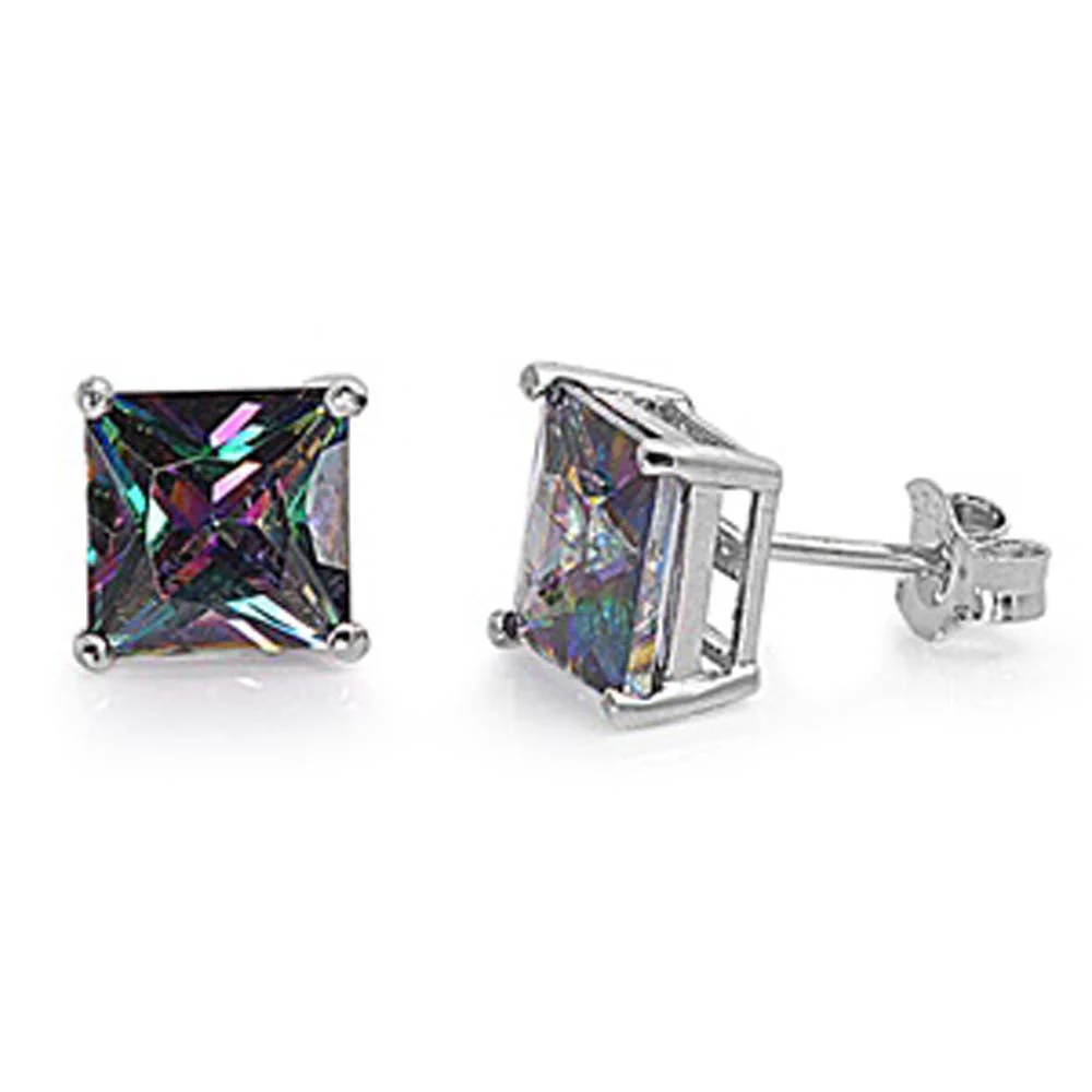 Sterling Silver Rhodium Plated 9mm Princess Cut Cz Stud Earring Set on Basket Prong Setting with Friction Back Post