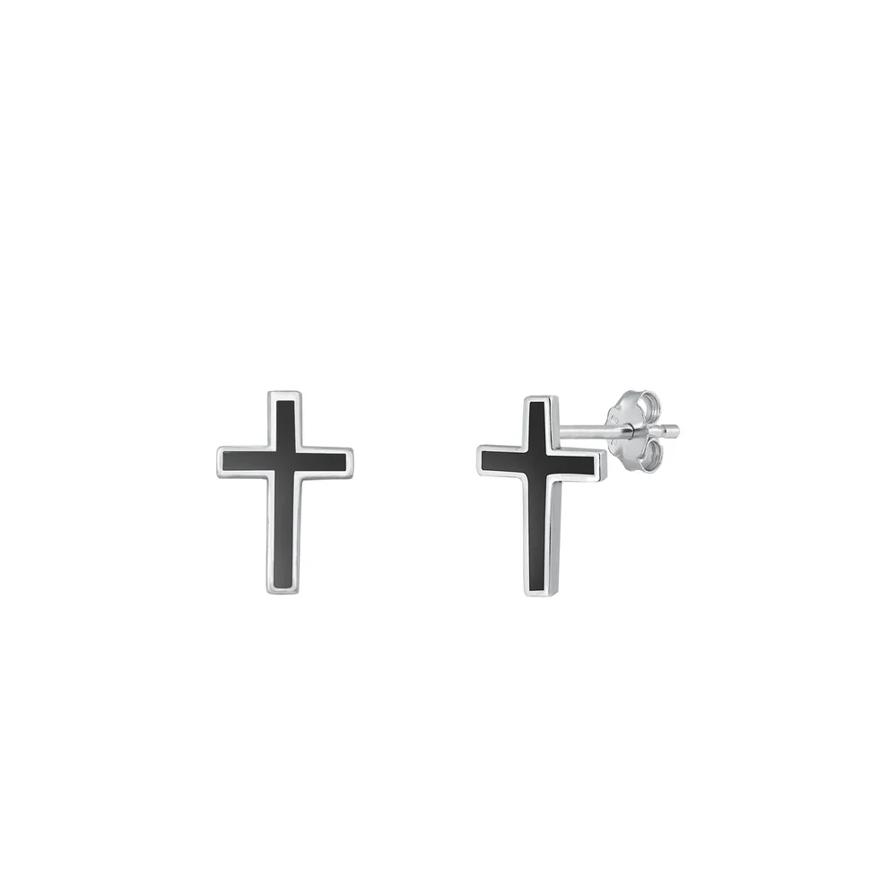 Sterling Silver Cross Black Agate Stone Earrings