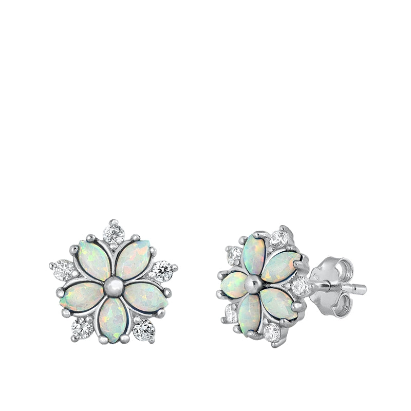 Sterling Silver Rhodium Plated White Lab Opal And Clear CZ Flower Stud Earrings