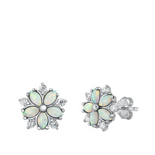 Load image into Gallery viewer, Sterling Silver Rhodium Plated White Lab Opal And Clear CZ Flower Stud Earrings