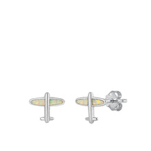 Load image into Gallery viewer, Sterling Silver Rhodium Plated Airplane White Lab Opal Earrings