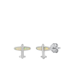 Sterling Silver Rhodium Plated Airplane White Lab Opal Earrings