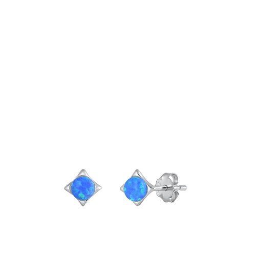 Sterling Silver Rhodium Plated Diamond Shape Blue Lab Opal Earrings
