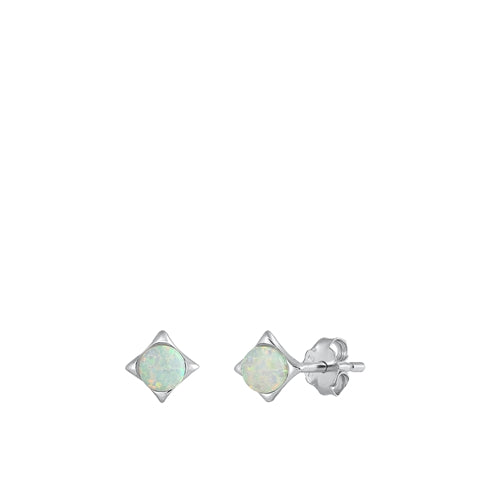 Sterling Silver Rhodium Plated Diamond Shape White Lab Opal Earrings
