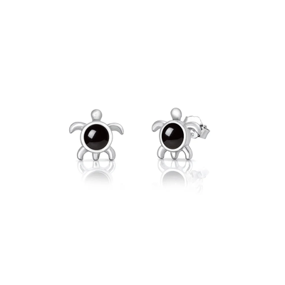 Sterling Silver Oxidized And Polished Turtle Black Onyx Stone Earrings