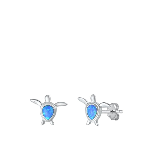 Sterling Silver Rhodium Plated Turtle Blue Lab Opal Earrings