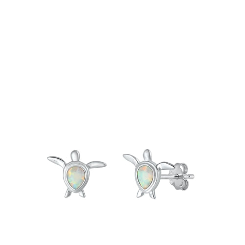 Sterling Silver Rhodium Plated Turtle White Lab Opal Earrings