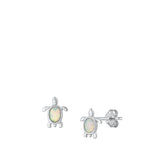 Sterling Silver Rhodium Plated White Lab Opal Turtle Earrings