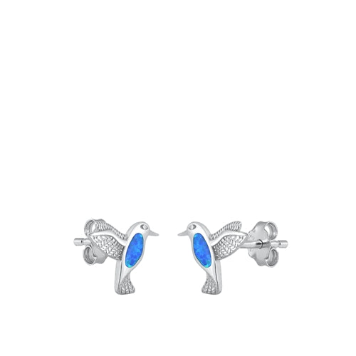 Sterling Silver Rhodium Plated Hummingbird Blue Lab Opal Earrings