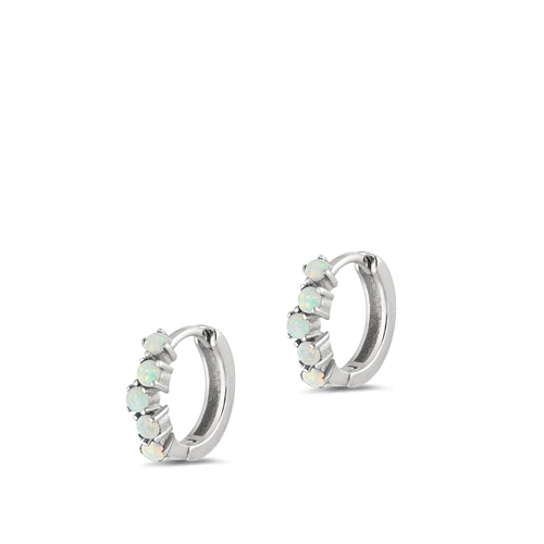 Sterling Silver Rhodium Plated White Lab Opal Hoop Earrings