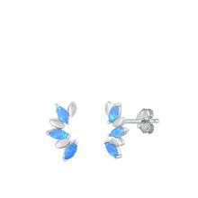 Load image into Gallery viewer, Sterling Silver Rhodium Plated Half Flower Blue Lab Opal Earrings