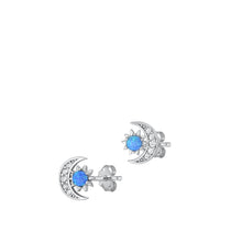 Load image into Gallery viewer, Sterling Silver Rhodium Plated Sun And Moon Blue Lab Opal And Clear CZ Earrings
