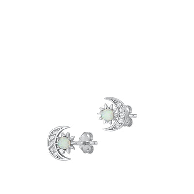 Sterling Silver Rhodium Plated Sun And Moon White Lab Opal And Clear CZ Earrings