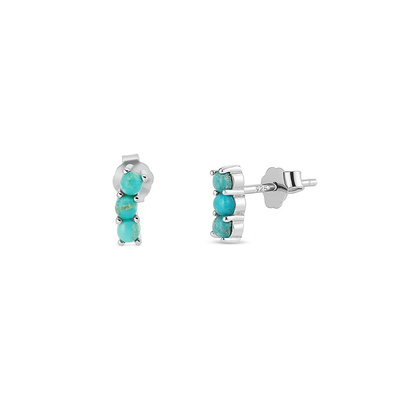 Sterling Silver Rhodium Plated 3 Stones Genuine Turquoise Stone Earrings