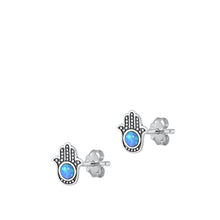 Load image into Gallery viewer, Sterling Silver Oxidized Hamsa Blue Lab Opal Earrings