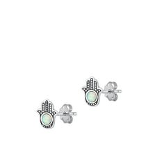 Load image into Gallery viewer, Sterling Silver Oxidized Hamsa White Lab Opal Earrings