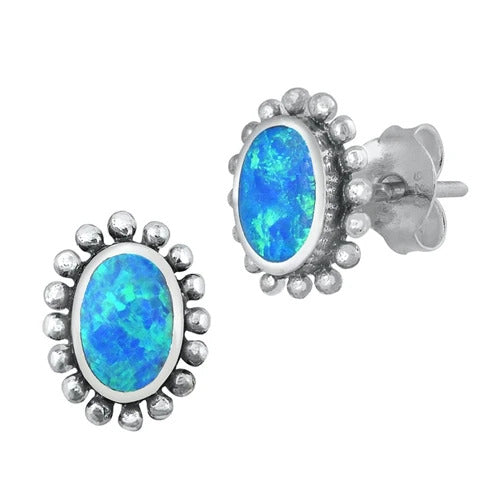Sterling Silver Oxidized Blue Lab Opal Oval Earrings