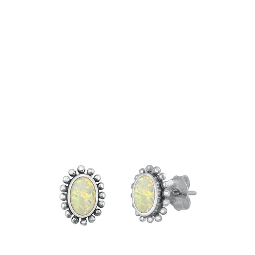 Sterling Silver Oxidized Oval White Lab Opal Earrings