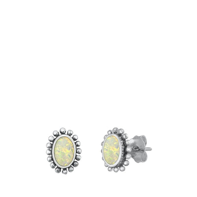 Sterling Silver Oxidized Oval White Lab Opal Earrings
