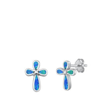Load image into Gallery viewer, Sterling Silver Oxidized Cross Blue Lab Opal Earrings