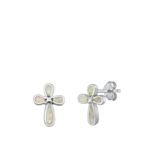 Sterling Silver Oxidized Cross White Lab Opal Earrings