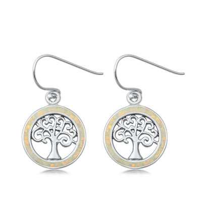 Sterling Silver Tree Of Life White Lab Opal Earrings
