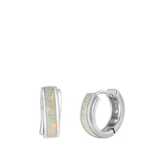 Sterling Silver Rhodium Plated Hoop White Lab Opal Earrings