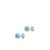 Sterling Silver Rhodium Plated Flower Blue Lab Opal Earrings