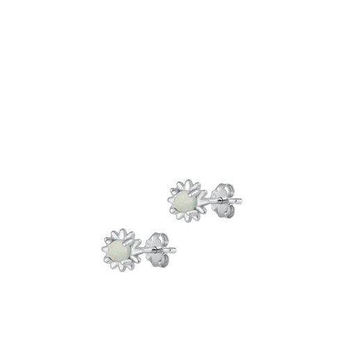 Sterling Silver Rhodium Plated Flower White Lab Opal Earrings