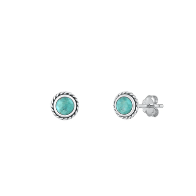 Sterling Silver Oxidized 6.2mm Spiral Cross Genuine Turquoise Stone Earrings