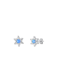 Load image into Gallery viewer, Sterling Silver Rhodium Plated Blue Lab Opal Flower Earrings