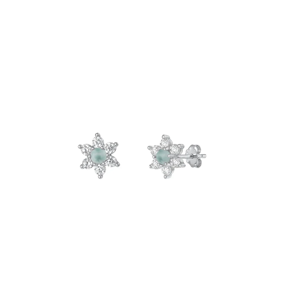 Sterling Silver Rhodium Plated Flower Genuine Larimar Stone Earrings